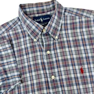 Ralph Lauren Mens Classic Fit Plaid Short Sleeve Button Down Shirt Blue Red M